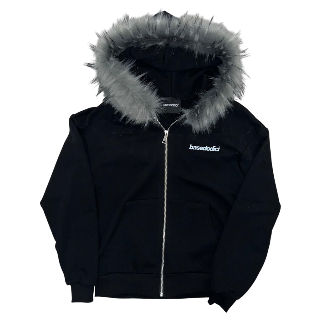 FUR HOOD ZIP HOODIE WHITE/BLACK