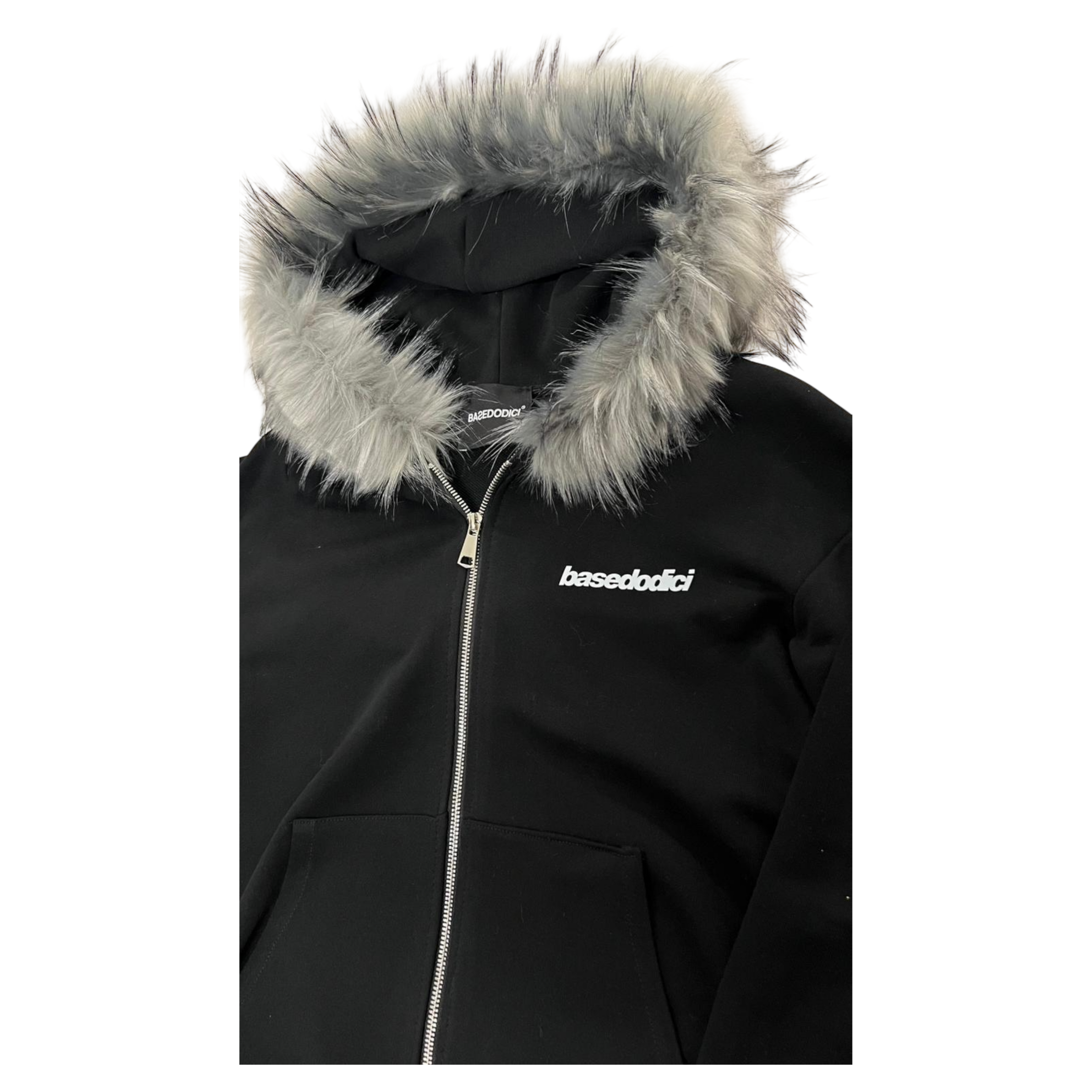 FUR HOOD ZIP HOODIE WHITE/BLACK